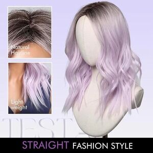 lavender purple, 18 inch shoulder length wavy wig brown shadow root